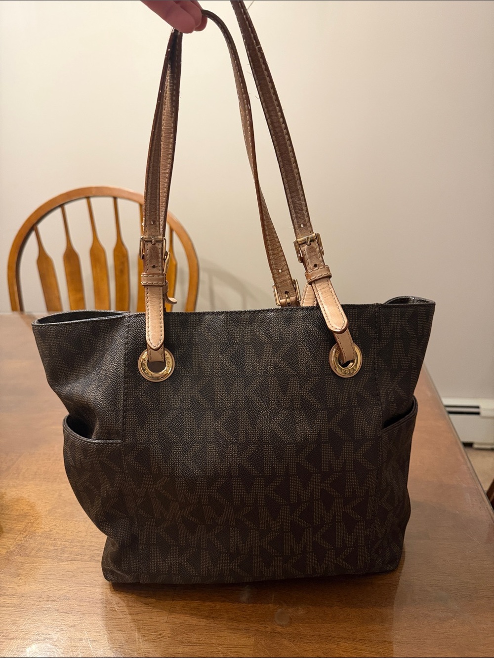 Michael Kors Dark Brown MK Logo Tote with Tan Straps